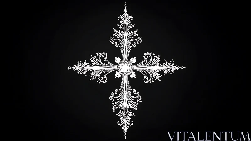 Ornate white baroque cross rendered on deep black ground