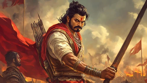 Warrior with sword stands in detailed battlefield environment