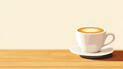 Minimalist cup of latte coffee on wooden tabletop.
