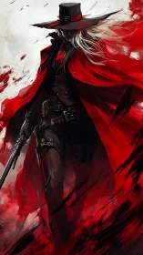 Scarlet gunslinger strides through expressionist bloodstorm.