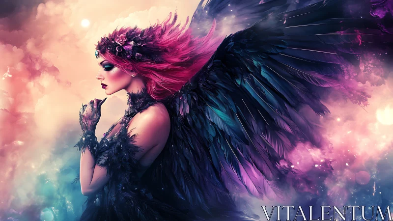 Celestial dark angel with neon wings in luminous sky.