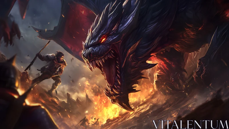 Dragon battle over burning battlefield with lone warrior.