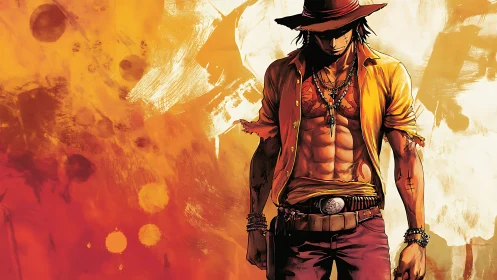 Shirtless anime gunslinger in orange-red abstract backdrop