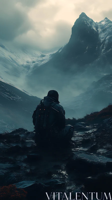 Solitary armored explorer studies misted glacial summit vista