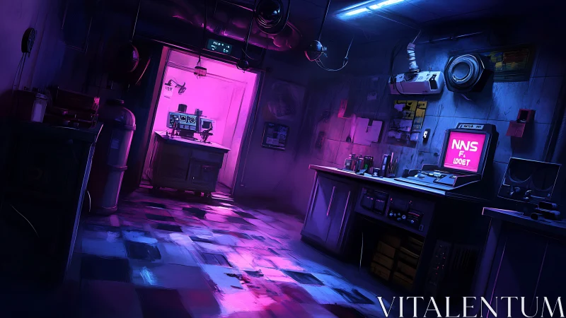 Neon lit cyberpunk lab interior with glowing control screens.