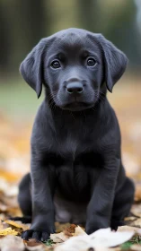 Black Labrador puppy sits on autumn leaves outdoors
