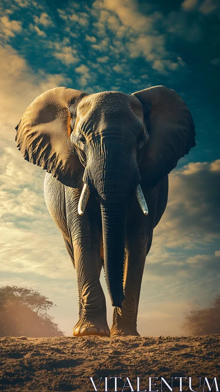 Low-angle elephant portrait with dramatic dusk sky lighting.