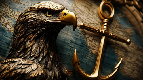 Bronze eagle sculpture and polished anchor overlay nautical chart