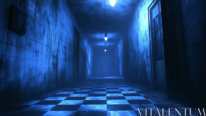 Moody blue corridor stretches into a misty, mysterious distance