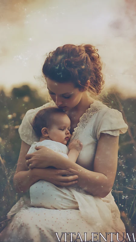 Soft-focus maternal portrait cradling sleeping infant outdoors