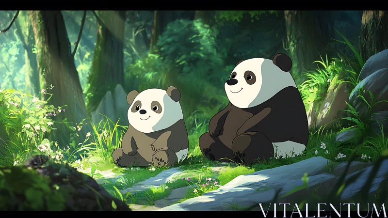 Cartoon panda pair resting in a bright green forest clearing.