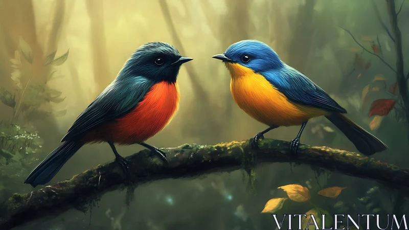 Two Colorful Songbirds on Mossy Branch in Dreamy Forest Painting.