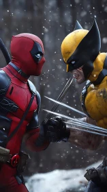 Photorealistic superhero duel in dynamic snowy close-quarters combat.