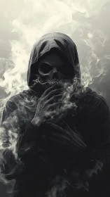 Hooded skeletal figure emerges from swirling ethereal smoke