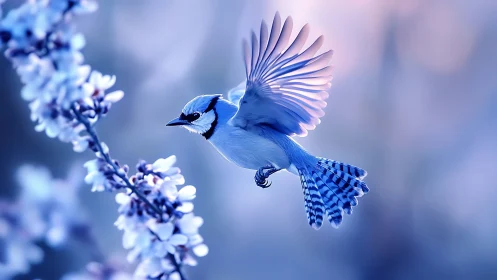 Blue Jay in Flight with Striking Plumage and Extended Wing Feathers