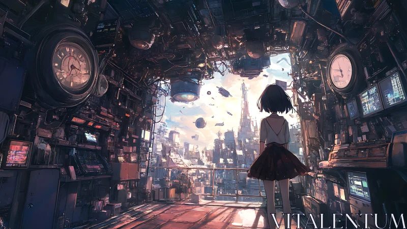 Girl in red skirt overlooks dense futuristic cityscape.