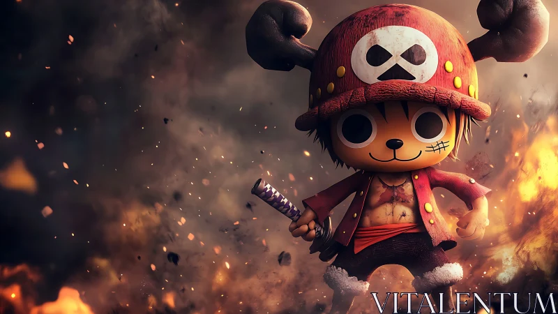 Chibi pirate warrior strides through blazing, cartoon chaos.