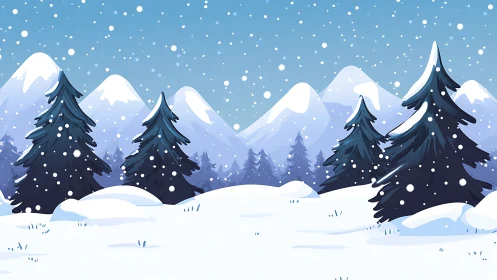 Stylized conifer forest in snowy alpine valley under snowfall