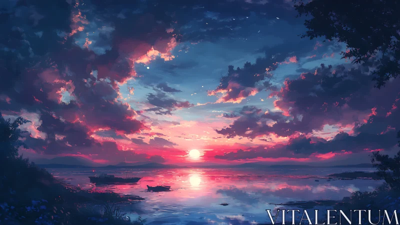 Radiant sunset sky reflects over tranquil coastal inlet