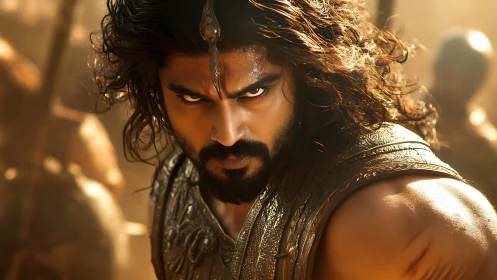 Warrior’s fierce gaze commands a sunlit ancient battlefield.