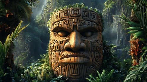 Carved wooden jungle idol face amid dense rainforest foliage.