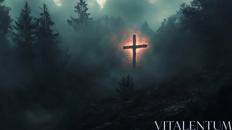 Luminous wooden cross in dense fog within dark forest setting.