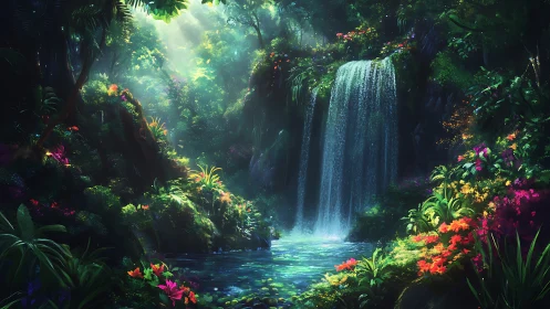 Luminous jungle waterfall cradled by riotous neon blooms.
