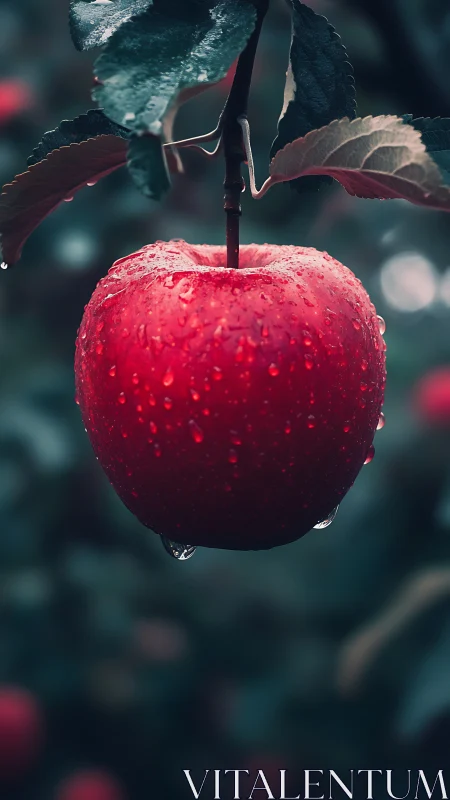 Red apple on branch with water droplets in soft focus orchard.