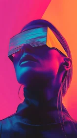 Cyberpunk neon portrait with reflective visor geometry.