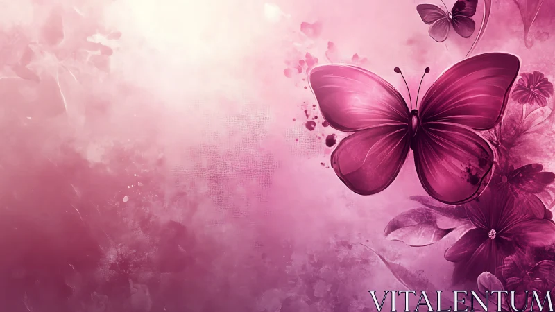 Chromatic magenta butterfly composition with floral diffusion.