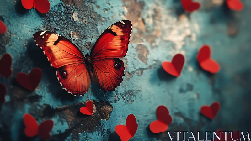 Red butterfly rests on textured blue wall among paper hearts