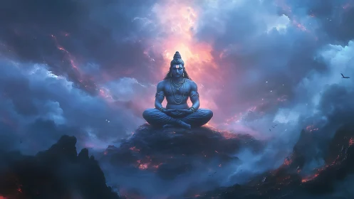 Storm-lit deity meditates above a glowing cosmic abyss