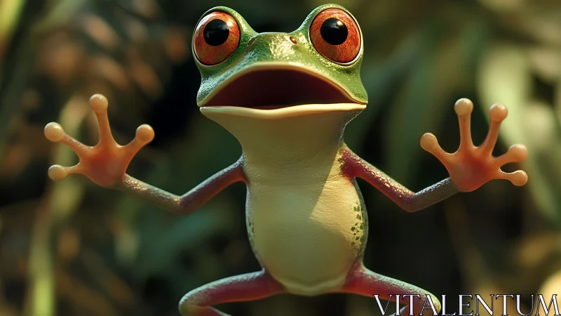 Expressive cartoon tree frog with wide eyes in jungle light.