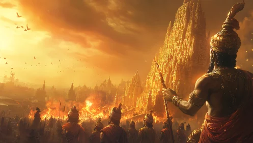 Warrior army faces burning golden temple city at sunset