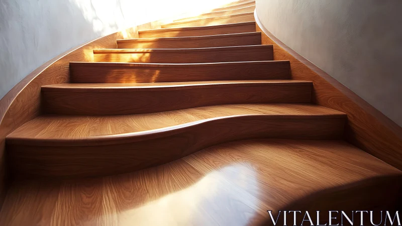 Curved wooden staircase shows flowing, wave-like tread design