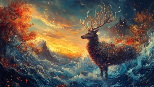 Mythic stag emerging through turbulent chromatic seascape.