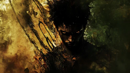 Dark sorcerer emerges from fractured golden shadows.