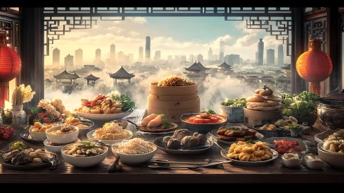 Chinese banquet table is arranged before layered city skyline