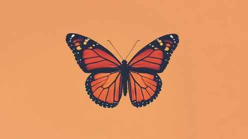 Monarch wings pause mid-flight on a peachy daydream sky.