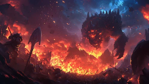 Colossal lava beast attacks armored army in burning valley.
