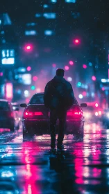 Neon rainwalk beneath city lights and quiet traffic glow.