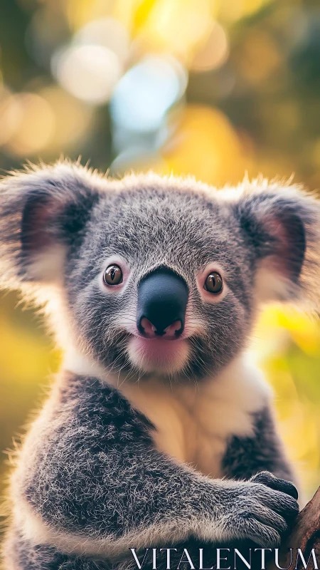 Curious baby koala enjoying soft golden forest light.