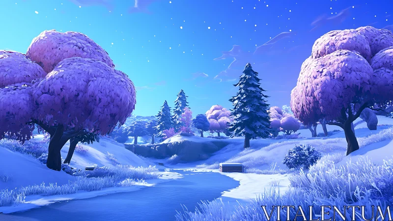 Soft winter river drifts beneath pink snowlit trees at dusk