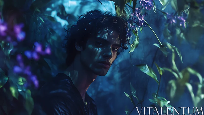 Moonlit dreamer hidden in a mysterious midnight garden.