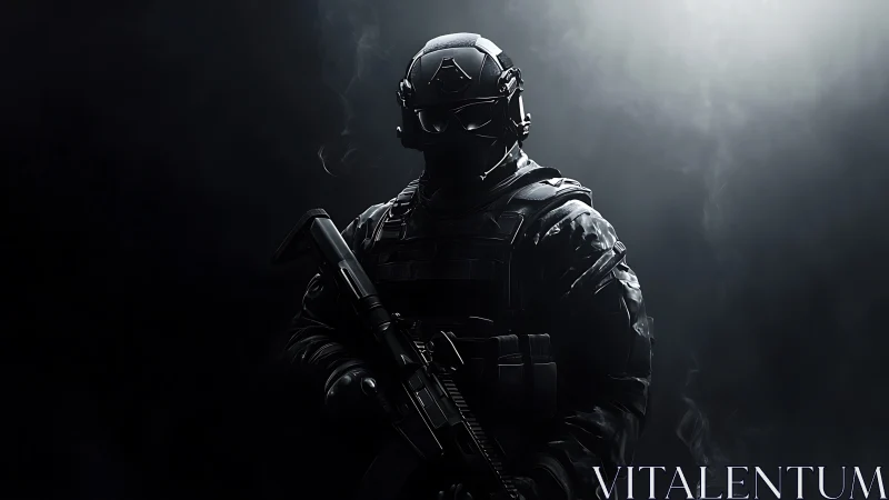 Tactical soldier silhouette in dark smoke with rifle poised.