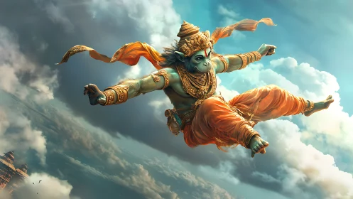 Skyborne monkey warrior streaking through mythic clouds.