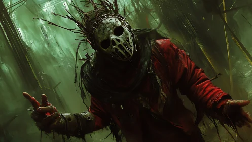 Masked wasteland hunter advancing through toxic misted ruins.