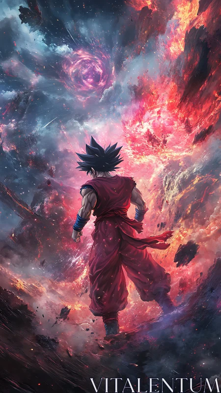 Cosmic warrior strides into a storm of swirling nebula fire