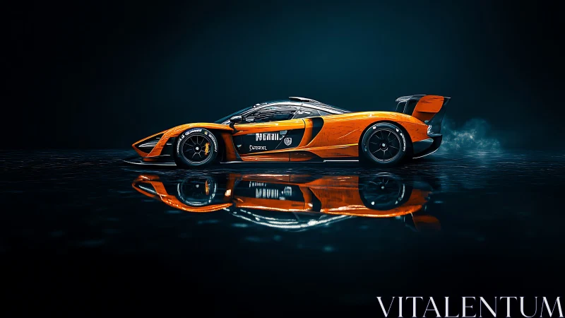 Low-slung orange endurance race car on wet reflective studio floor