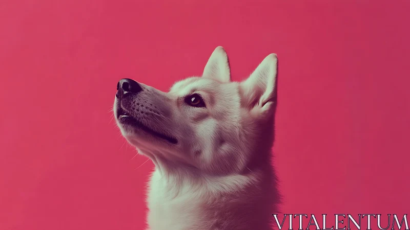 White dog gazes upward against bold magenta studio backdrop